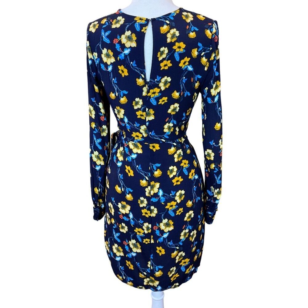 ASTR The Label Apron Front Long Sleeve Navy Mustard Floral Tie Wrap Dress Med - Picture 6 of 10